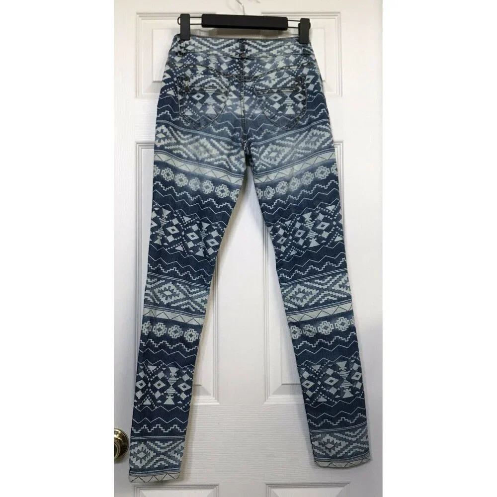 Hot Kiss Skinny Lily Blue White Aztec Pattern Jeans Size 1 Good Worn Condition - Picture 7 of 11